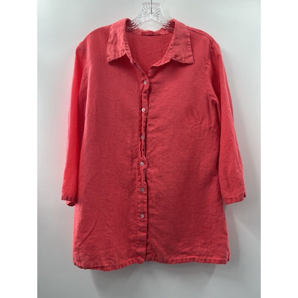 Cut Loose Women’s 3/4 Sleeve Button Up Linen Blouse Coral Size Medium USA Made